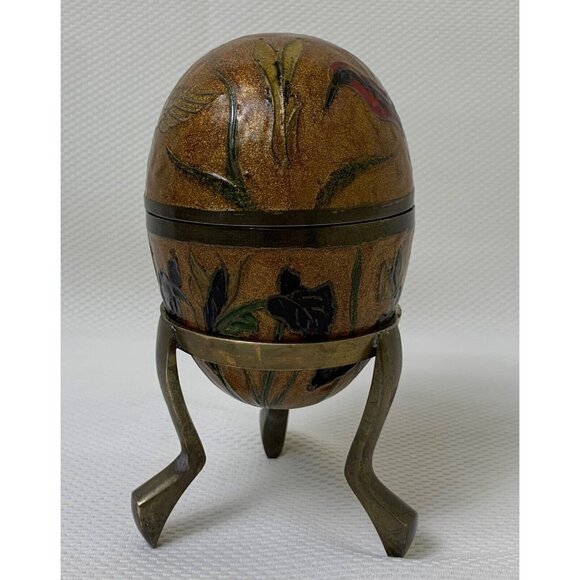 Vintage Brass Enamel Egg Cloisonne Trinket Box With Stand Hummingbird Flowers - Picture 4 of 16